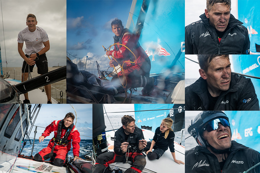 Collage of offshore racing crew at work on deck in red and navy foul weather gear